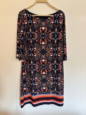Vince Camuto Navy Floral Printed 3/4 Sleeves Dress Size 8, Lightweight Stretchy